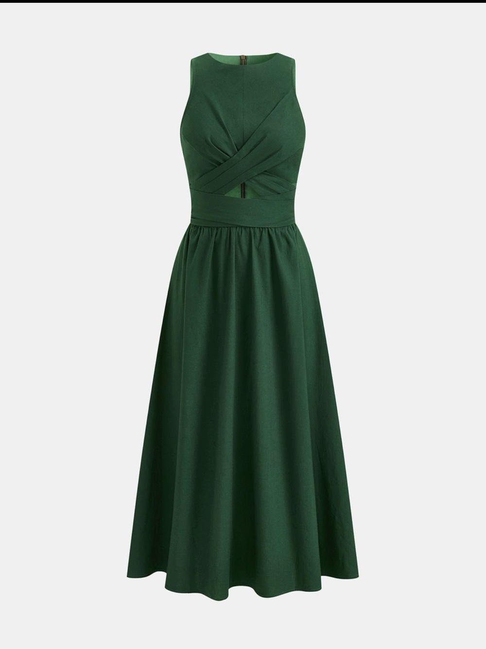 Commense Linen Blend Green Fit-and-Flare Midi Dress with Cutout